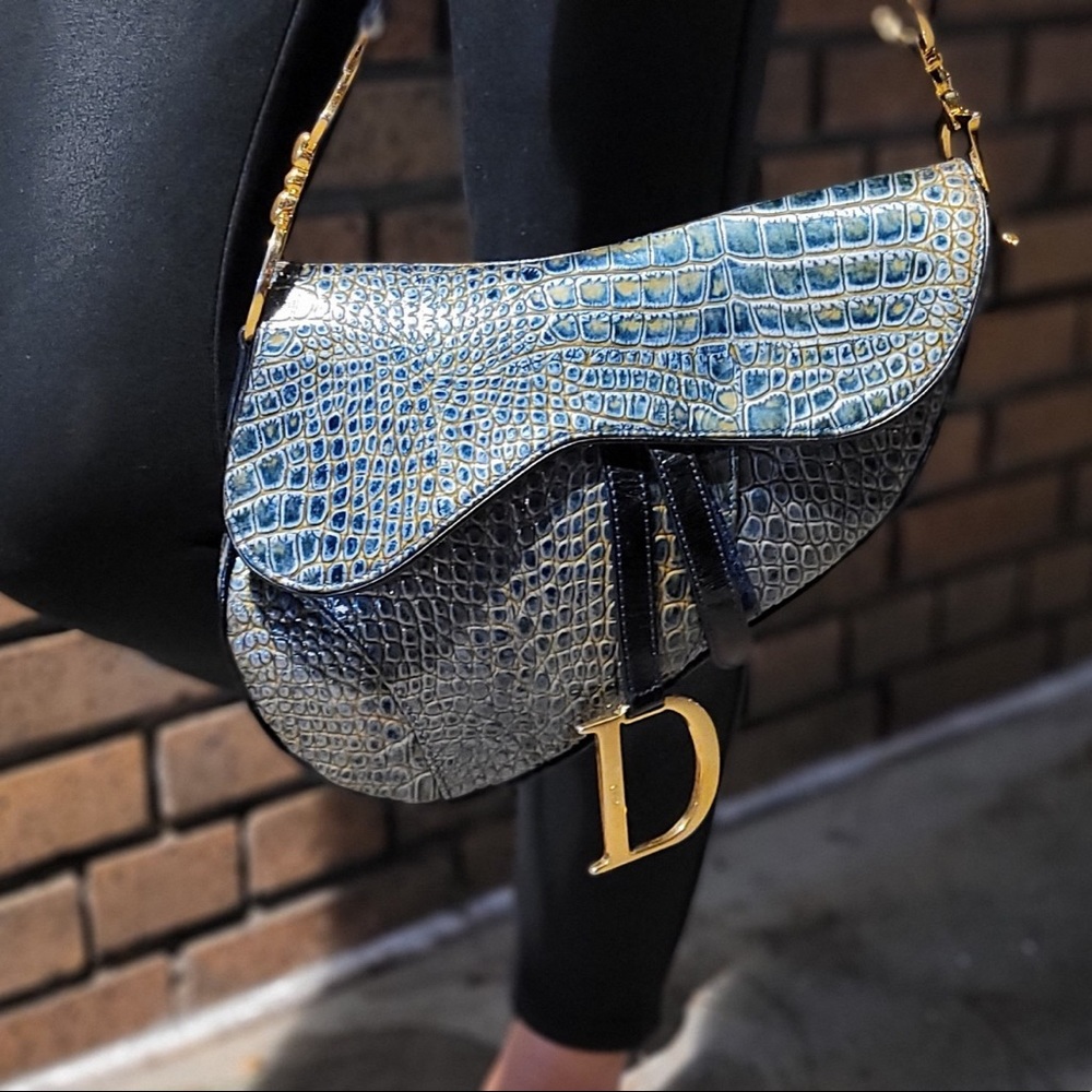 Dior crocodile bag Saddle Embossed Green/Blue gold hardware , rare find
